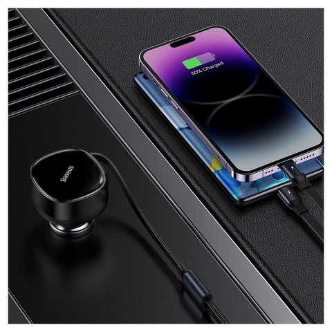 Car Charger Baseus Enjoyment Retractable 2-in-1, (black, Quick Charge, with cable, 30 W, 12-24 V) #CGTX000001 Preview 1