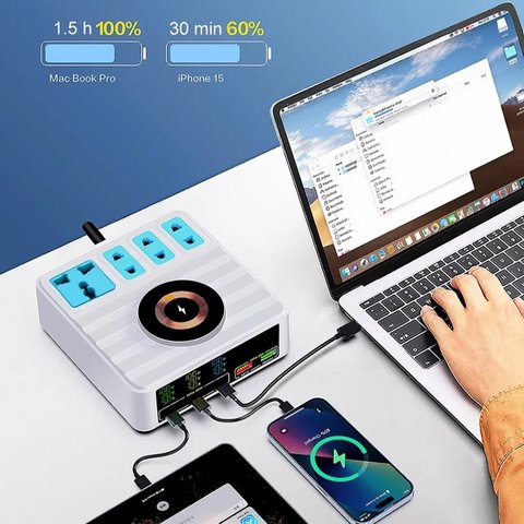 Adaptador de red Kingmax WLX-H13, 140 W, Wireless Charge, Quick Charge, Power Delivery (PD), con un zócalo, 5 puertos, 10 in 1 Vista previa  7