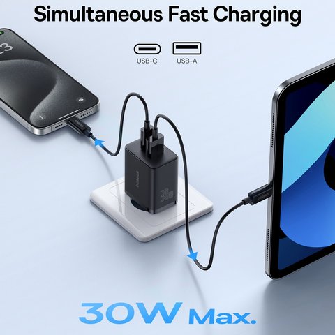 Adaptador de red Baseus Cube, 30 W, Power Delivery (PD), Fast Charge, blanco, 2 puertos, #P10111404213-00 Vista previa  5